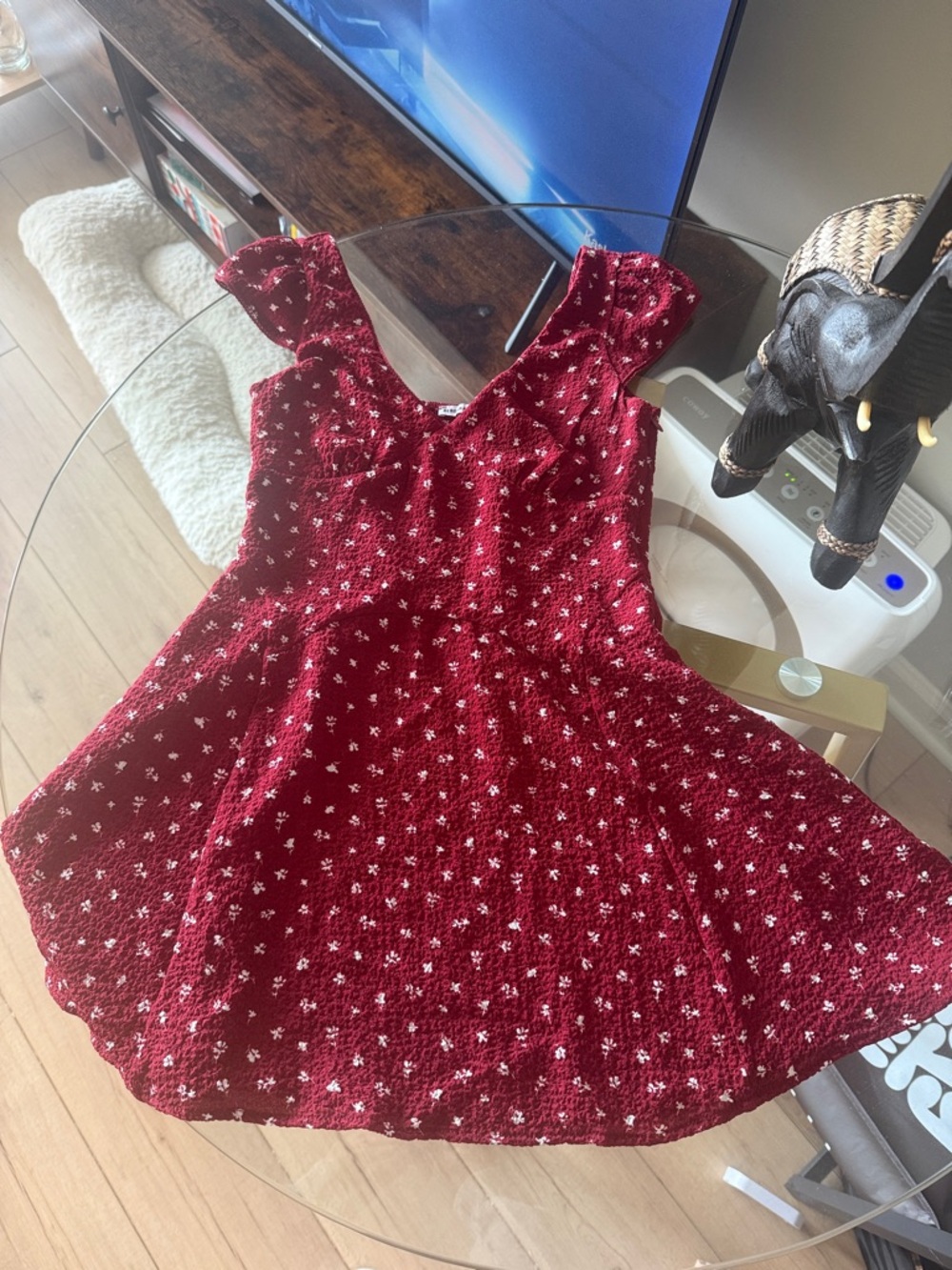 Bershka Burgundy Floral Fit-and-Flare Dress
